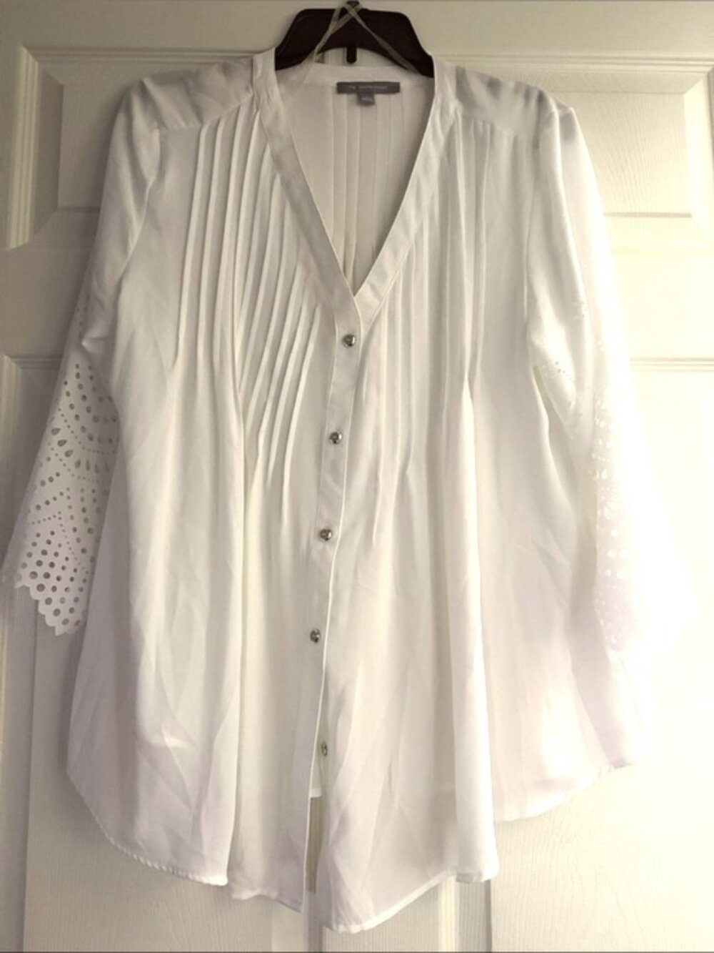 NY Collection White Button-Front Blouse With Eyelet Sleeve Detailing Pleated Fro